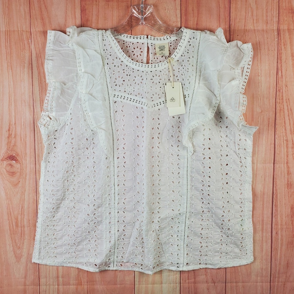 Good Hart Blouse Top Womens XL White Floral Eyelet Flutter Sleeve Keyhole Back